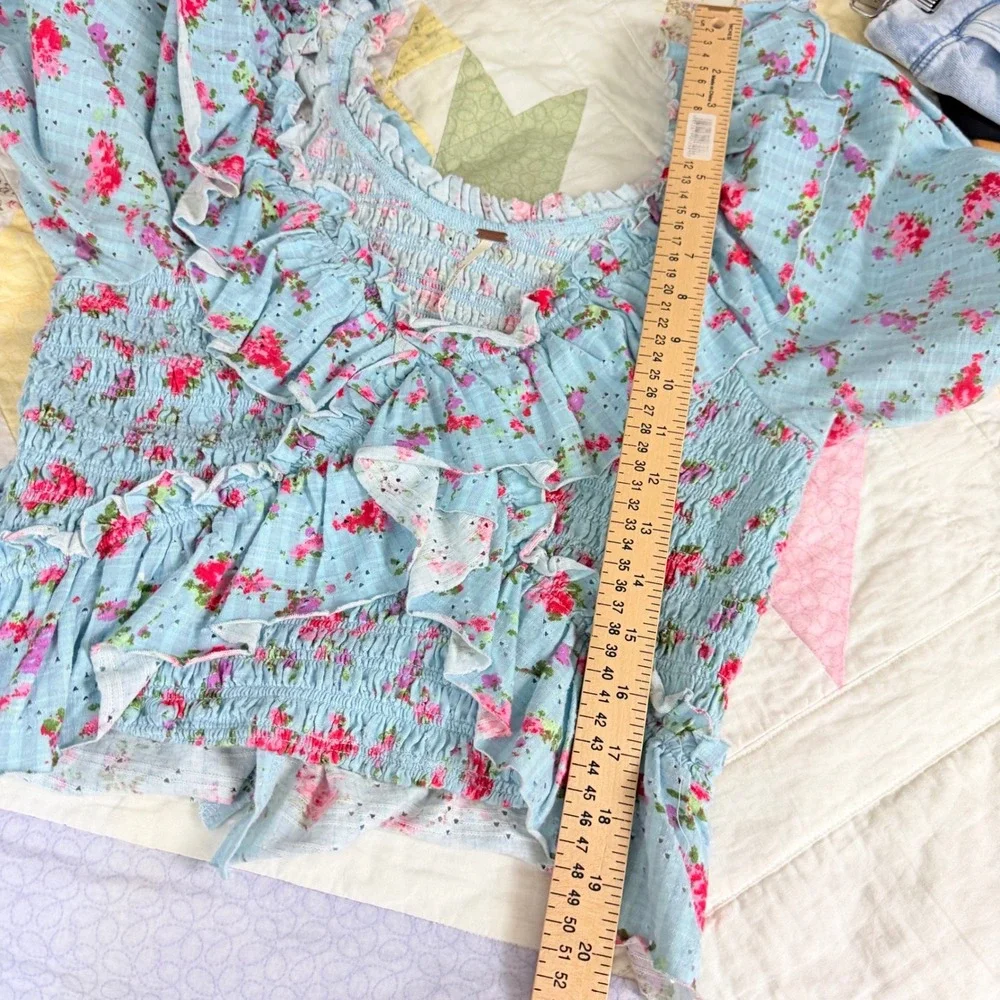 Free People Favorite Girl Floral Ruffle Smocked Top Blue Pink Cotton Size M